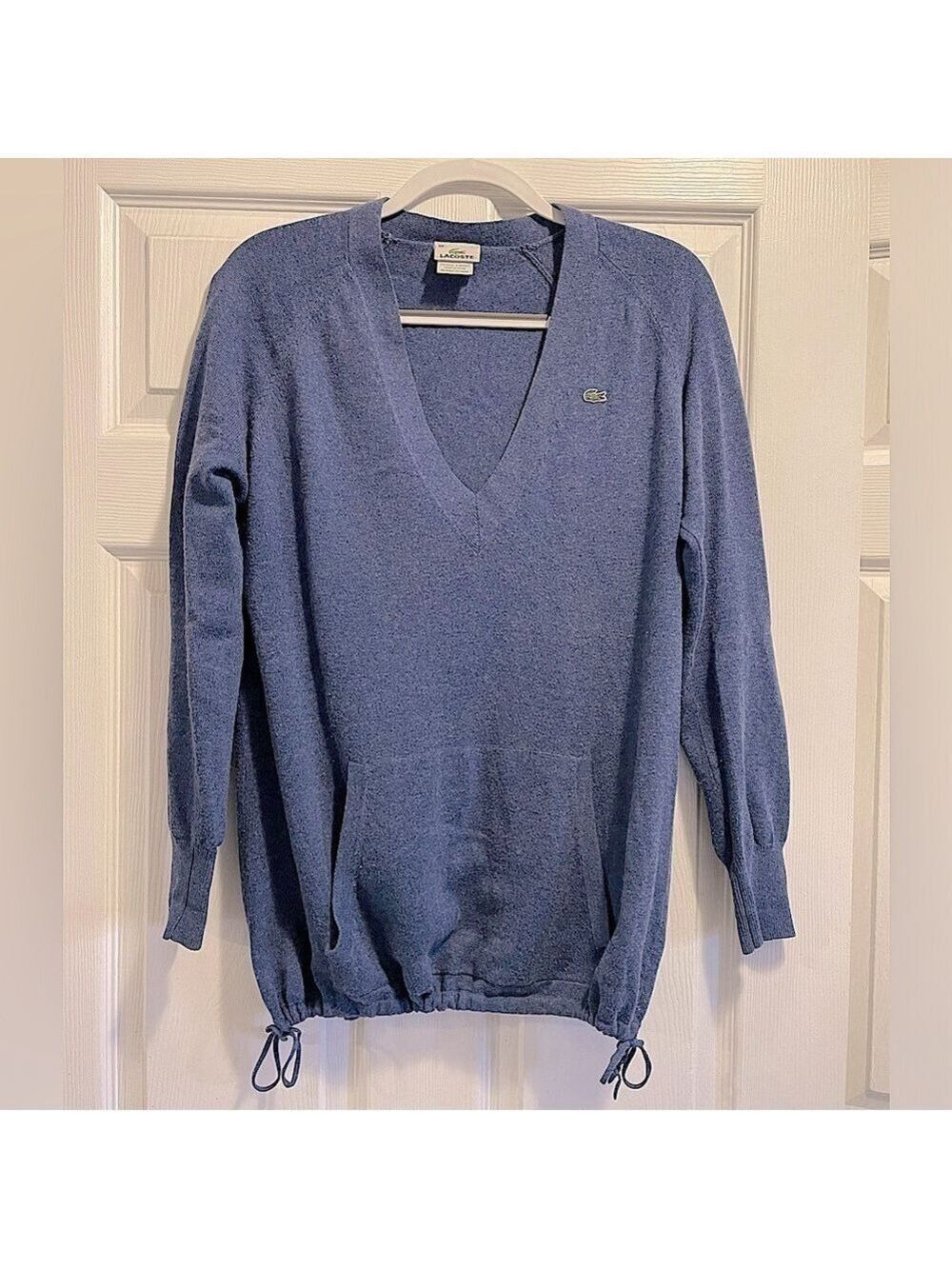 LACOSTE Sweater V-Neck Tie Elastic Hem Pockets Cotton Cashmere Blend US XL 44 EU